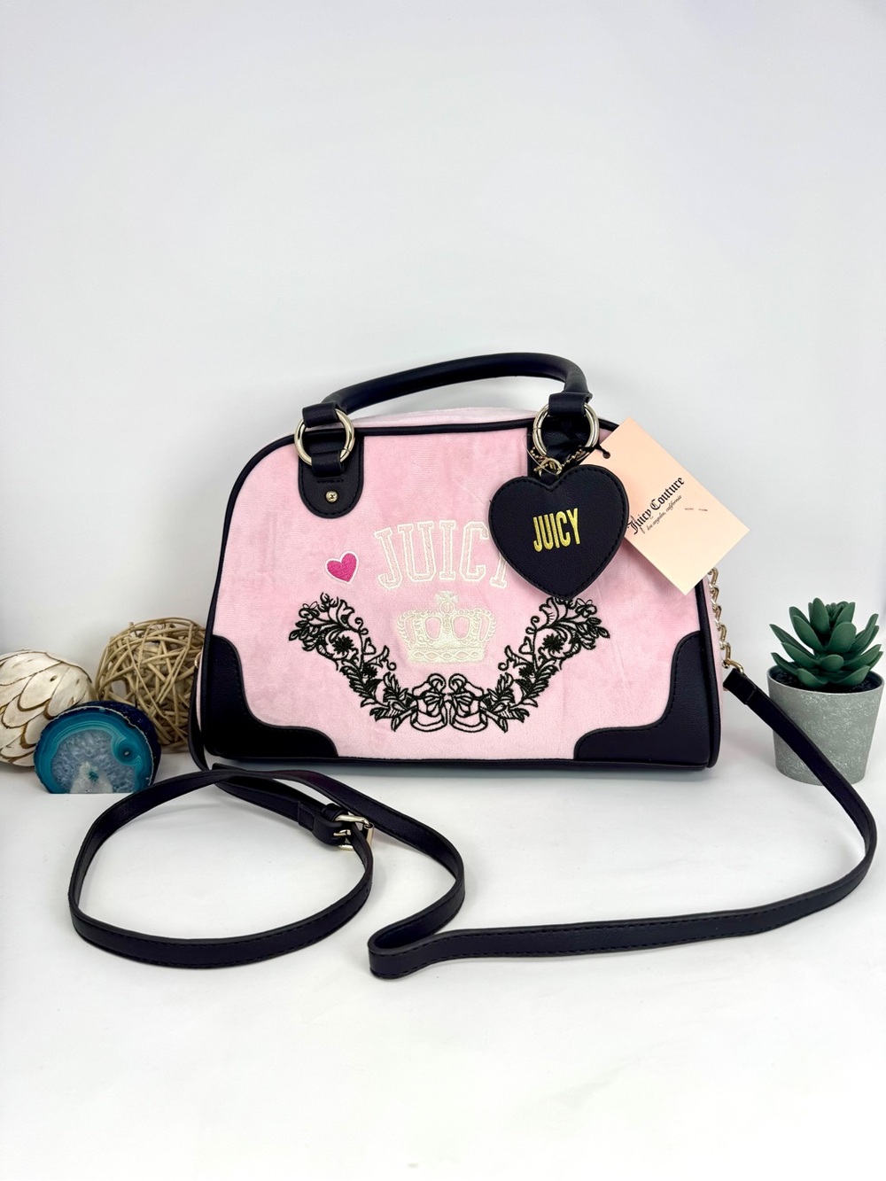 NWT Juicy Couture Pink and Brown Dome Satchel with Heart Charm
